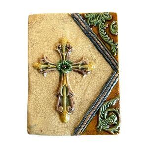 Vintage Glazed Clay Slab Multicolor Cross with Flourishes Wall Decor